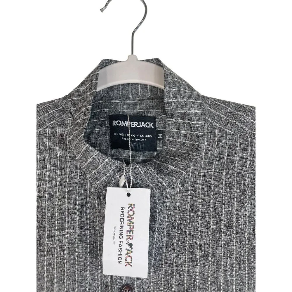 Romperjack Mens Striped Short Sleeve Romper Gray Button Front With Pockets M
